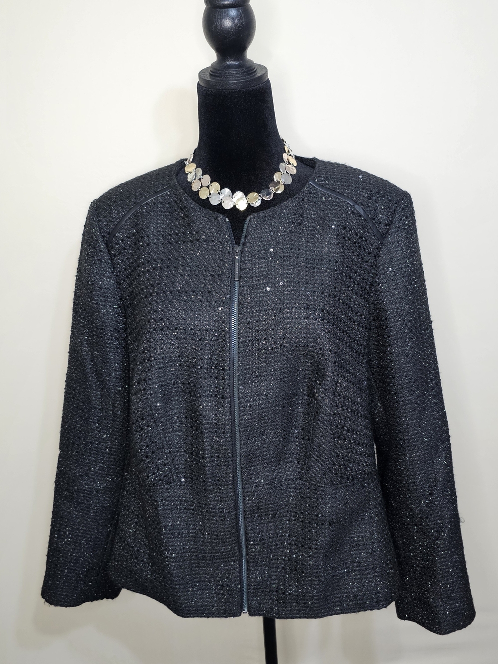 Calvin Klein Black Textured Tweed Moto Blazer Jacket Full Zip Size 16W